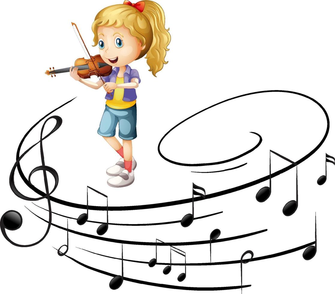 personaje de dibujos animados de niña tocando violín con símbolos de melodía vector