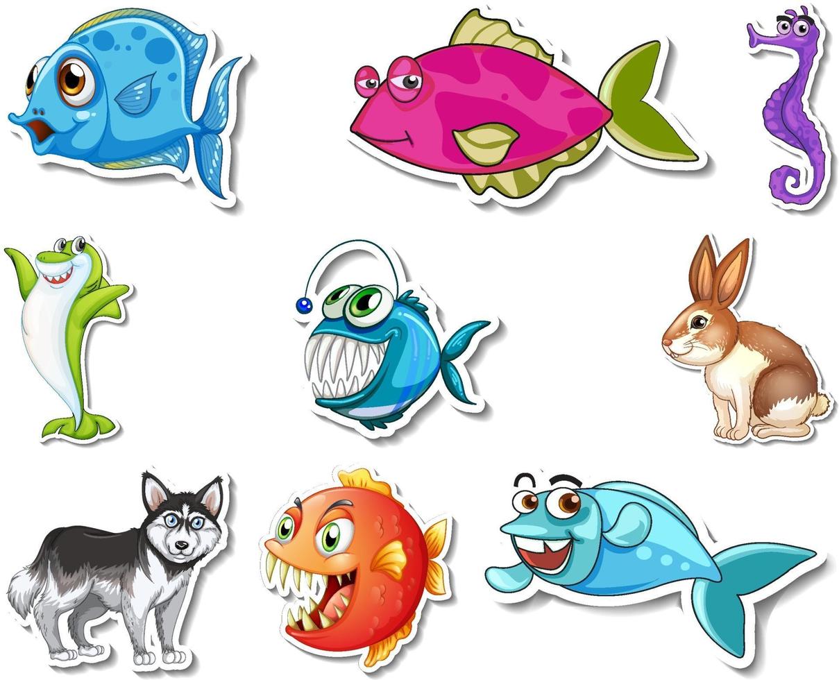 Set of stickers with sea animals and dogs cartoon character vector