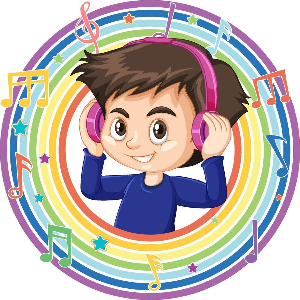 niño usa auriculares en marco redondo arco iris con símbolos de melodía vector