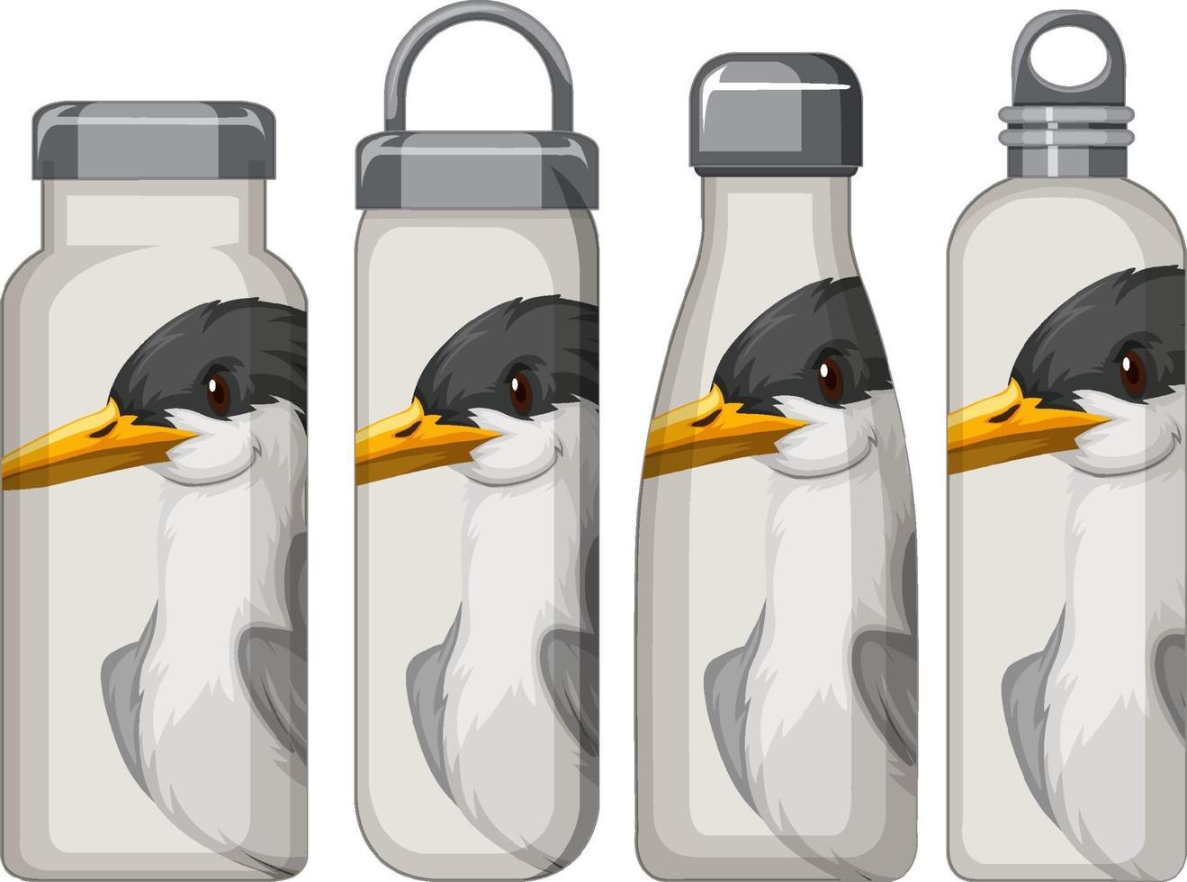 Set of different white thermos bottles with bird pattern vector