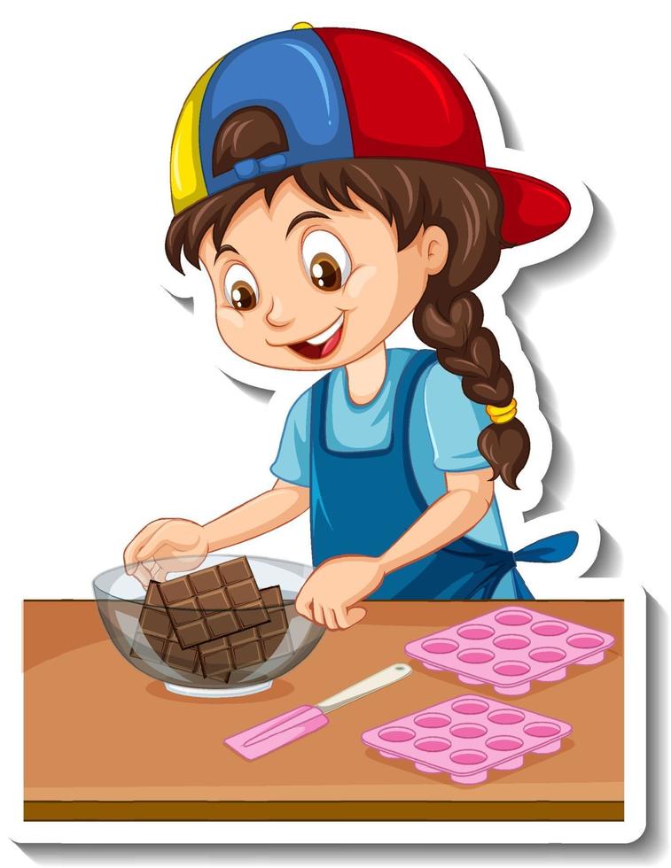 Cartoon character sticker a girl with baking equipments vector