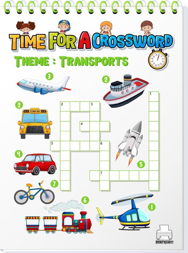 Crossword puzzle game template about transportation vector