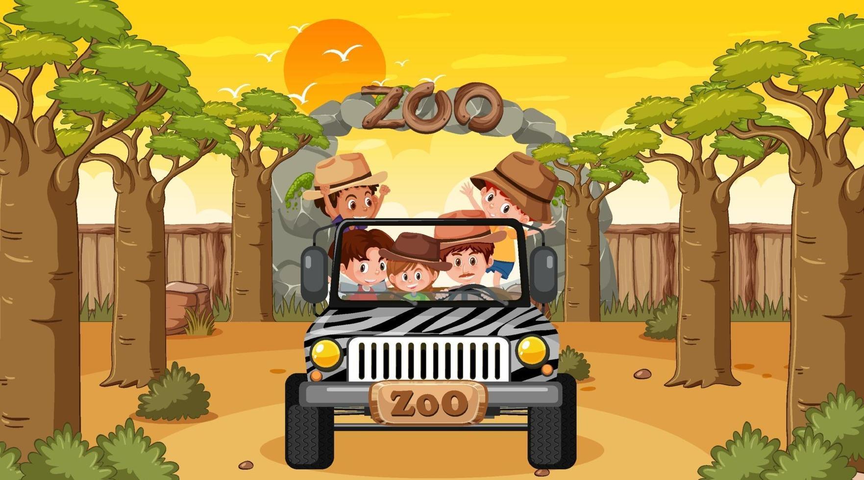 Zoo at sunset time with many kids in a jeep car vector
