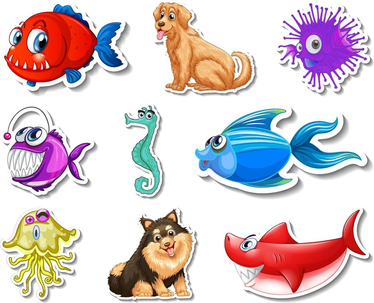 Set of stickers with sea animals and dogs cartoon character vector