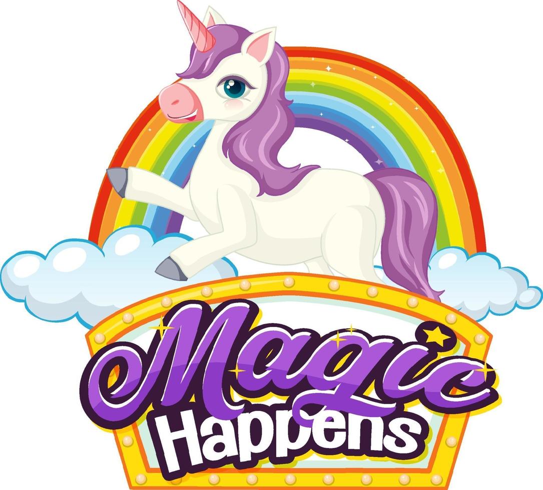 personaje de dibujos animados de unicornio con milagros suceden banner de fuente vector