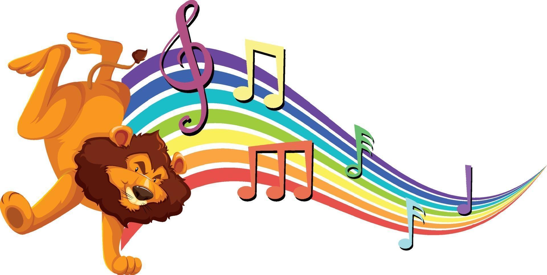 Lion dancing with melody symbols on rainbow vector