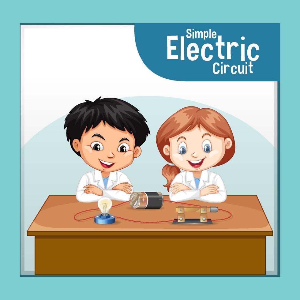 Simple electric circuit with scientist kids cartoon character vector