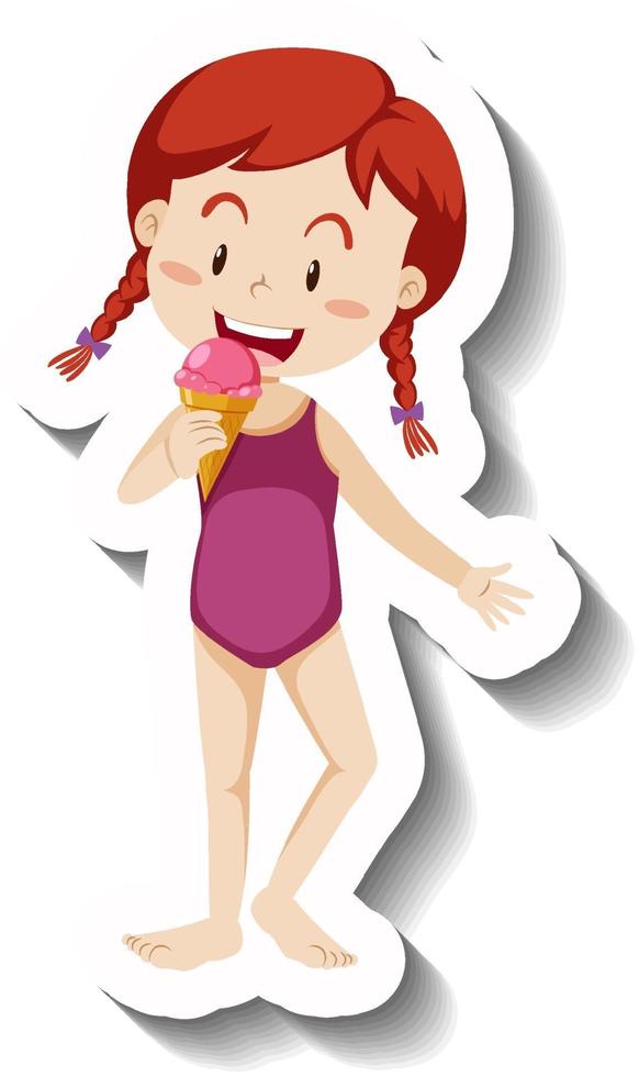 A girl eating strawberry ice cream cone cartoon sticker vector