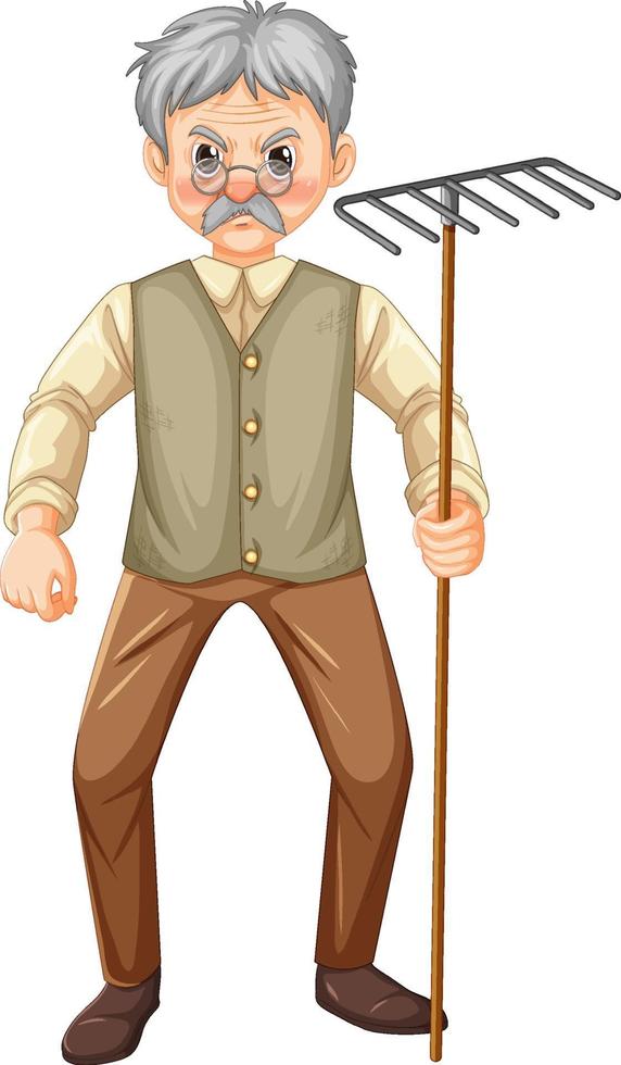 Old farmer man cartoon character holding rake garden tool vector