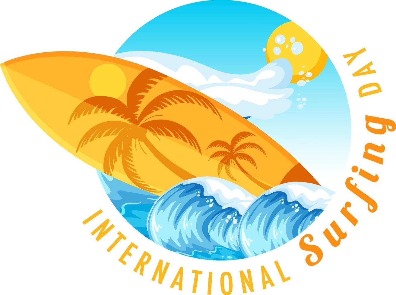 banner del día internacional del surf con una tabla de surf en ola de agua vector