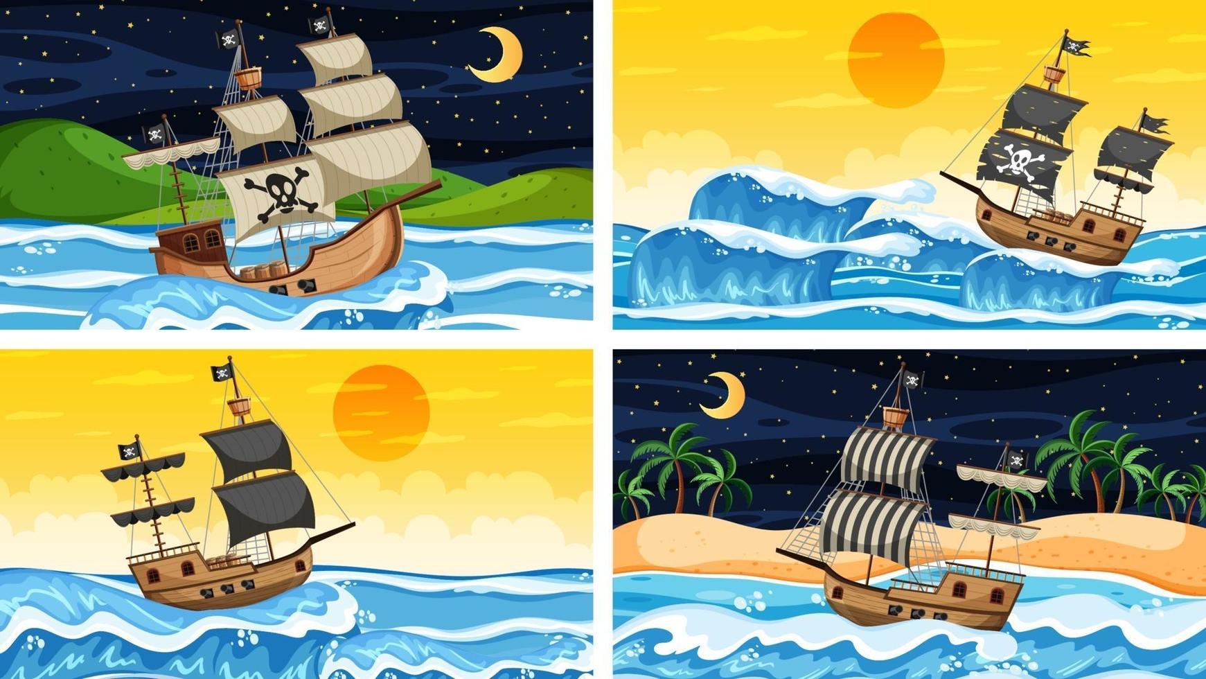 Diferentes escenas oceánicas con barco pirata. vector