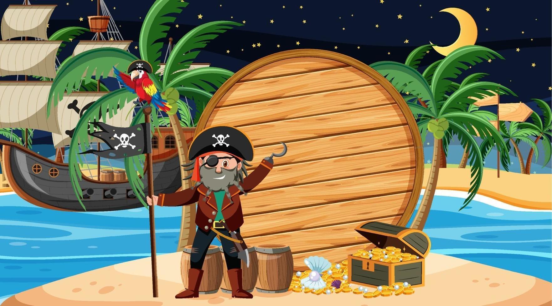 Pirate kids at the beach scene with an empty wooden banner template vector