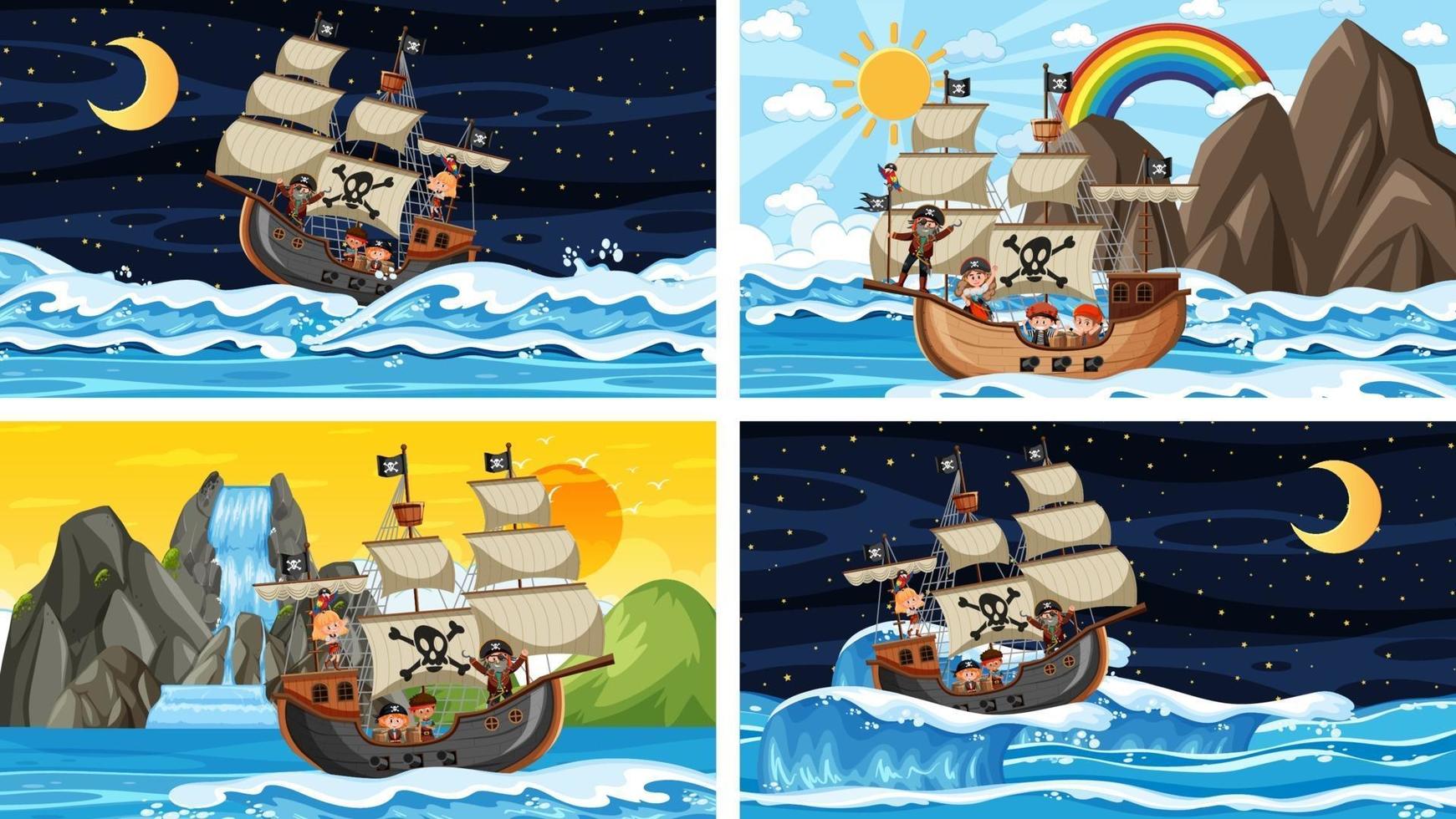 Diferentes escenas oceánicas con barco pirata y personaje de dibujos animados pirata. vector