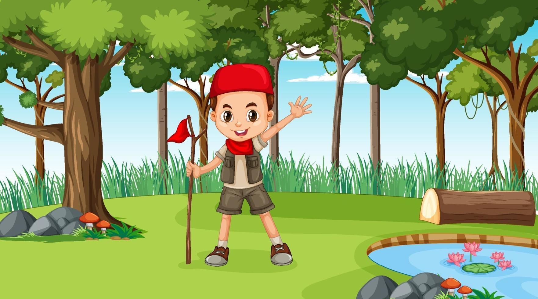 Muslim boy exploring in the forest vector