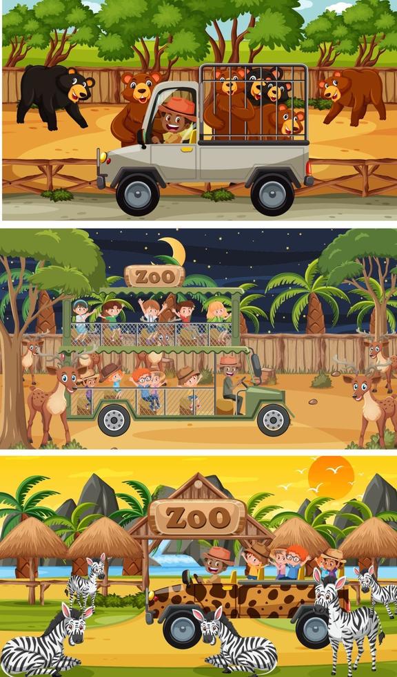 Diferentes escenas de safari con animales y personajes de dibujos animados para niños. vector