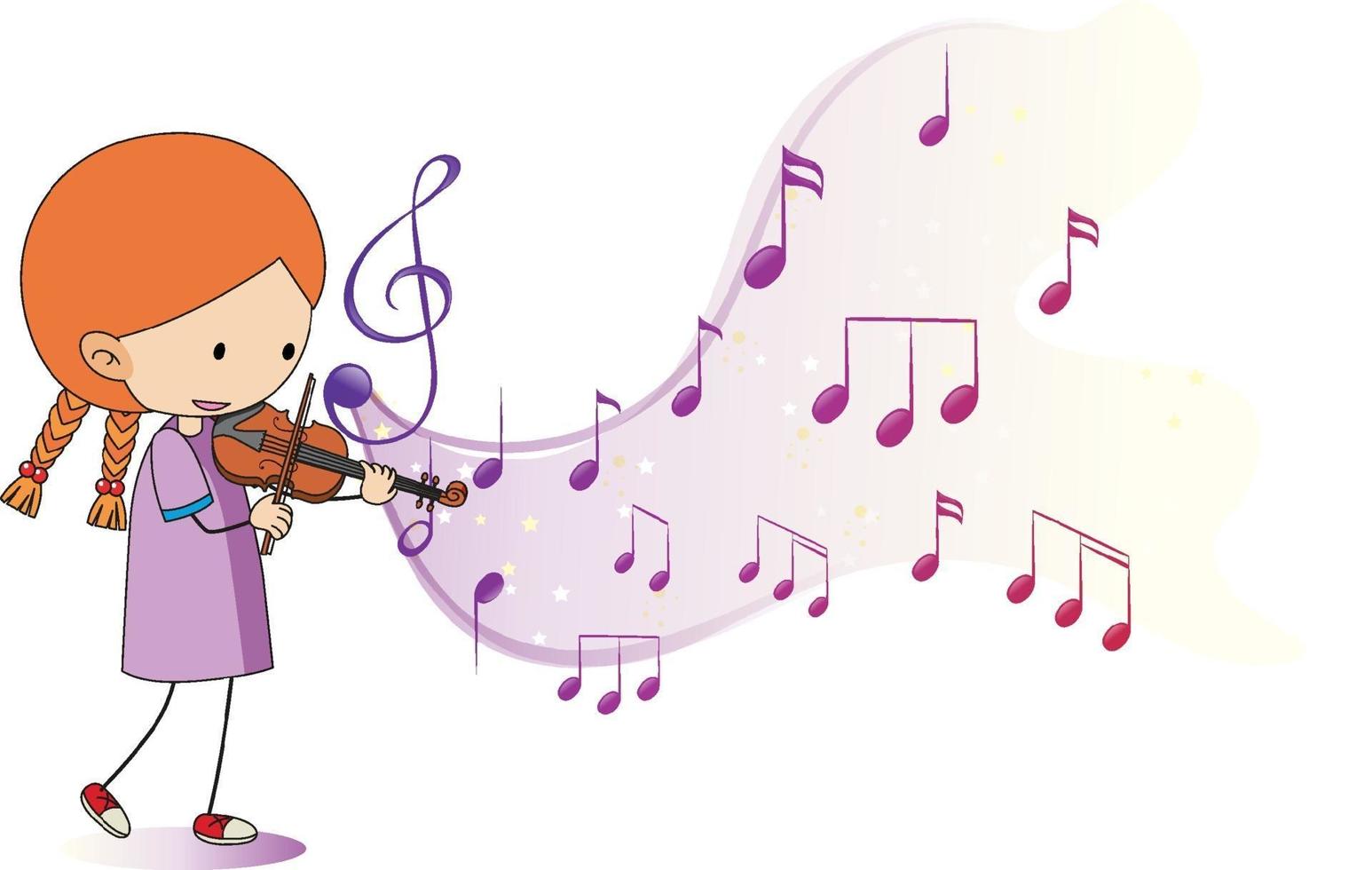 A girl playing violin with melody symbols on white background vector