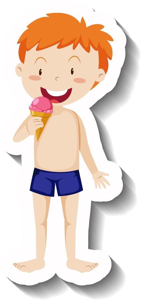 un niño comiendo una pegatina de dibujos animados de cono de helado de fresa vector