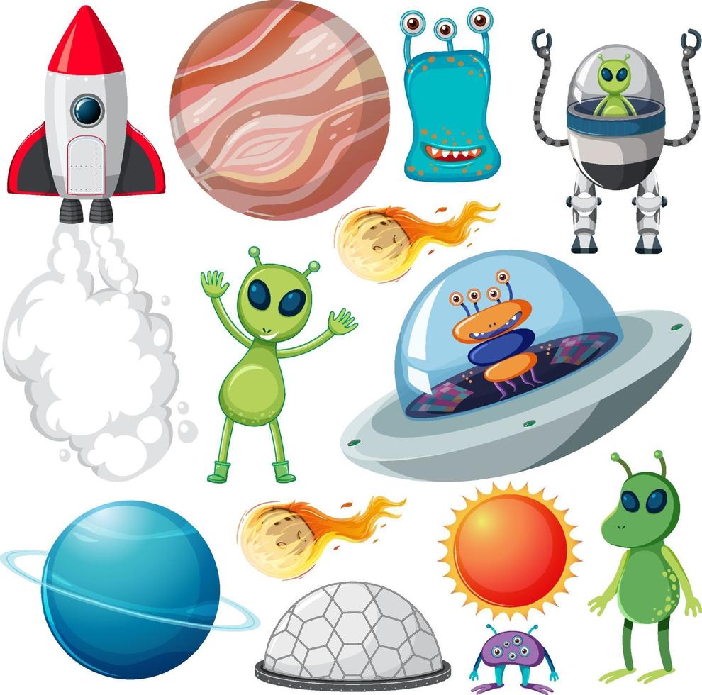 Set of various space objects on white background vector