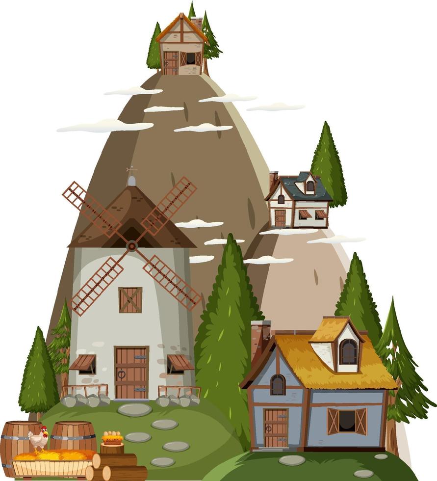 Ancient medieval village isolated on white background vector