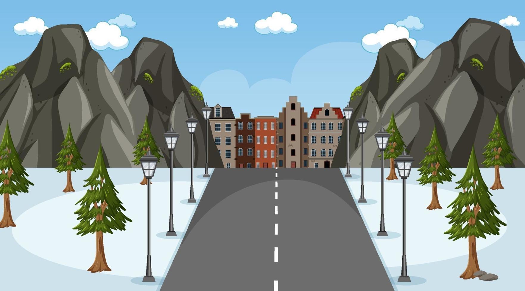 Escena de invierno con un largo camino a través del parque hasta la ciudad. vector