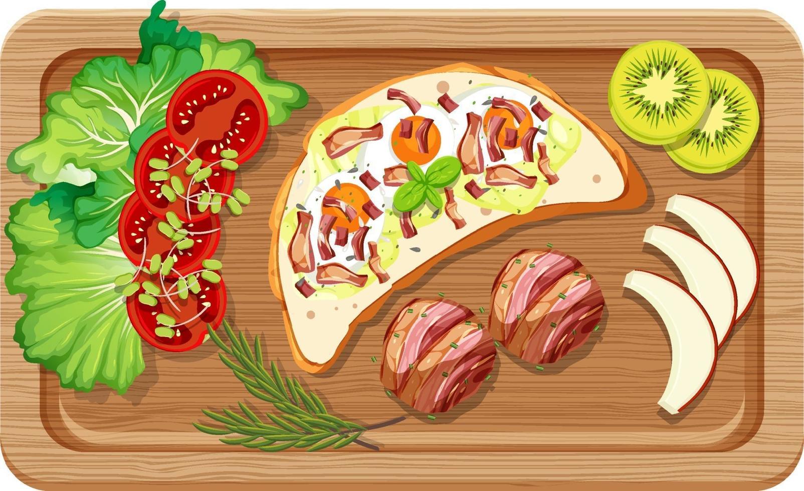 Top view of breakfast set in a cutting board isolated vector