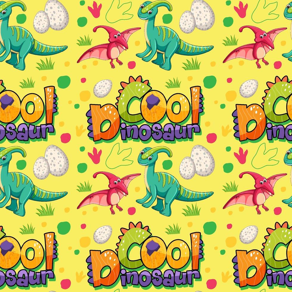 Seamless pattern with cute dinosaurs and font on yellow background vector