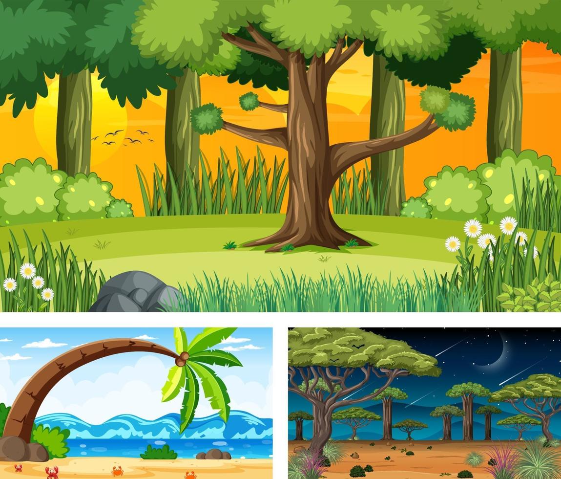 tres escenas de paisajes naturales diferentes. vector