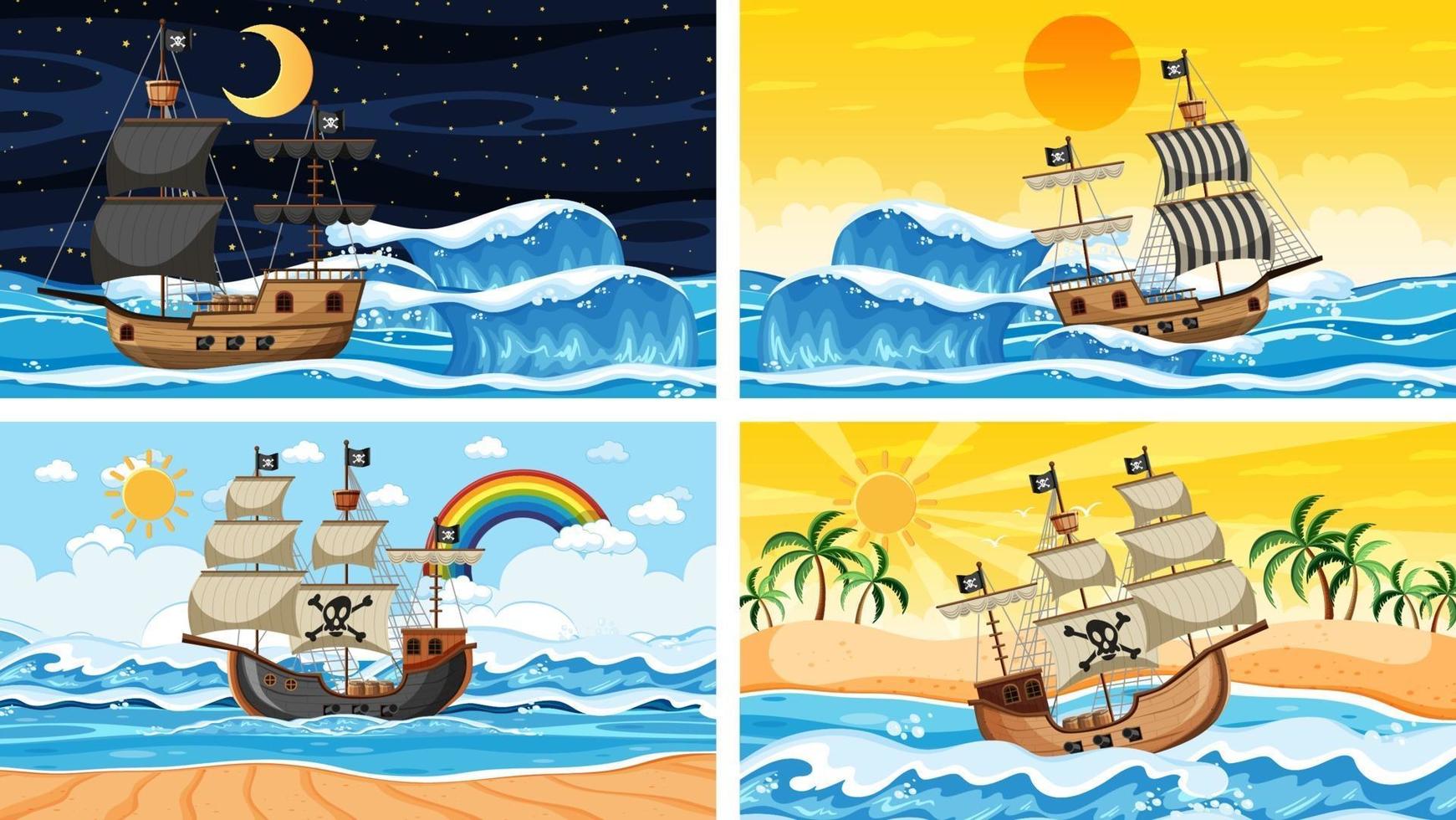 Set of different beach scenes with pirate ship vector