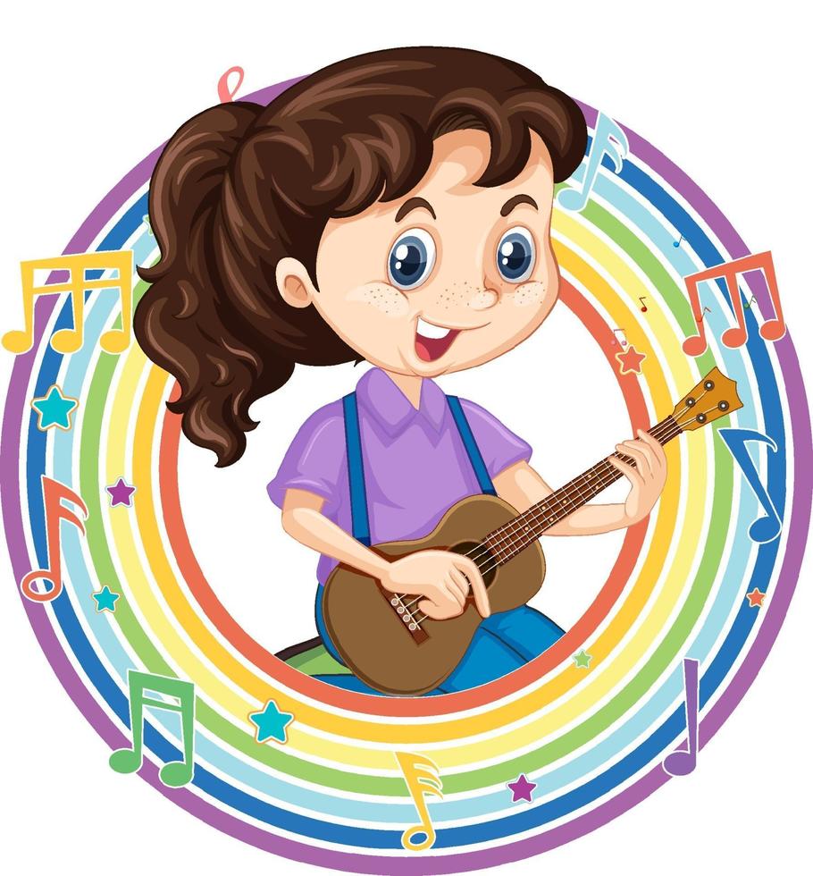 A girl playing guitar in rainbow round frame with melody symbols vector