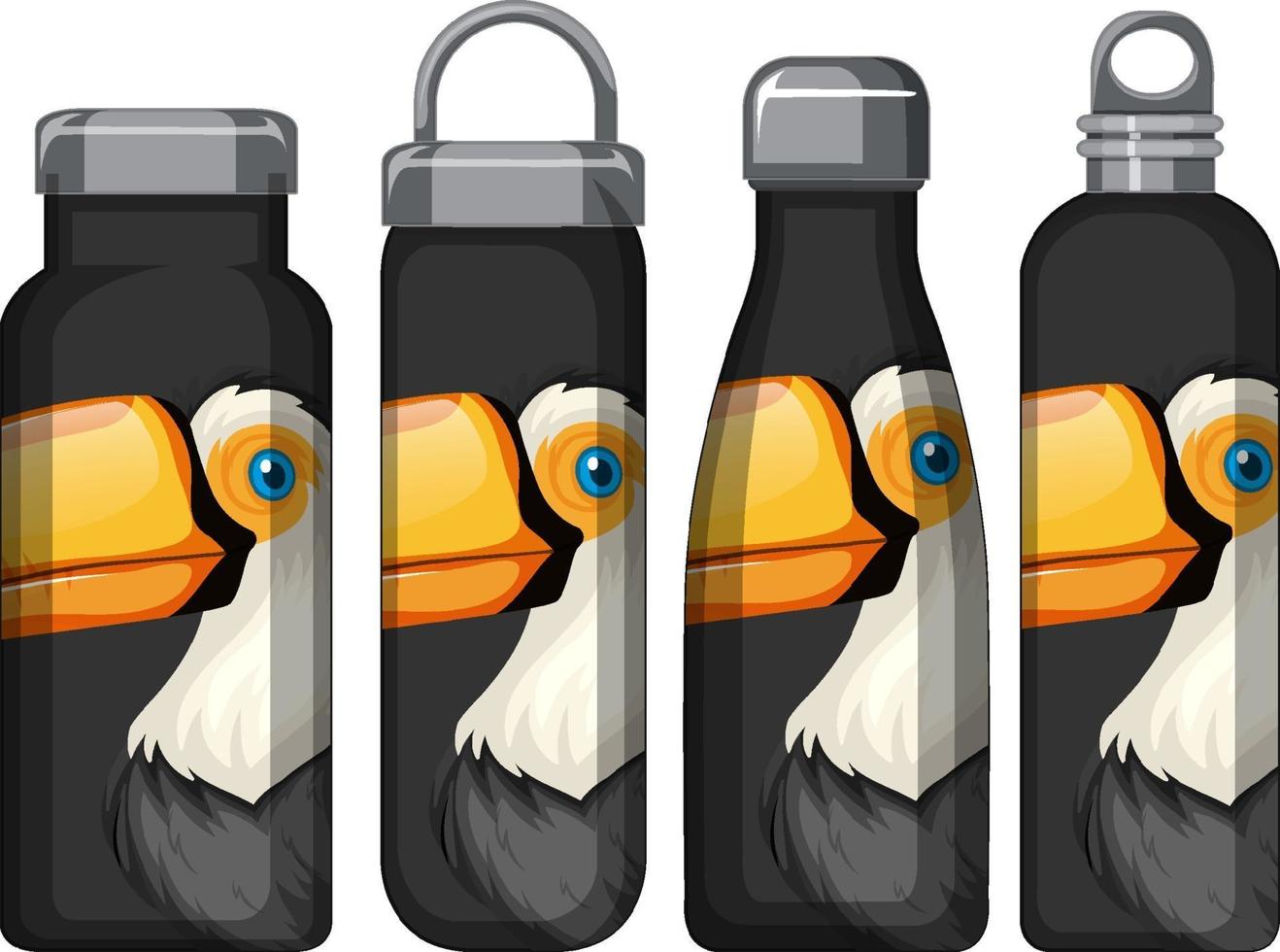 Set of different thermos bottles with toucan bird pattern vector