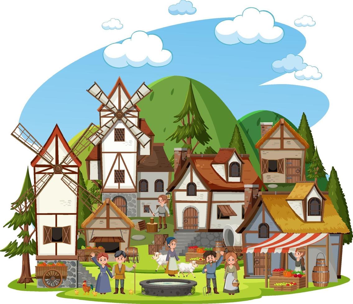 Medieval village with windmill and villagers vector