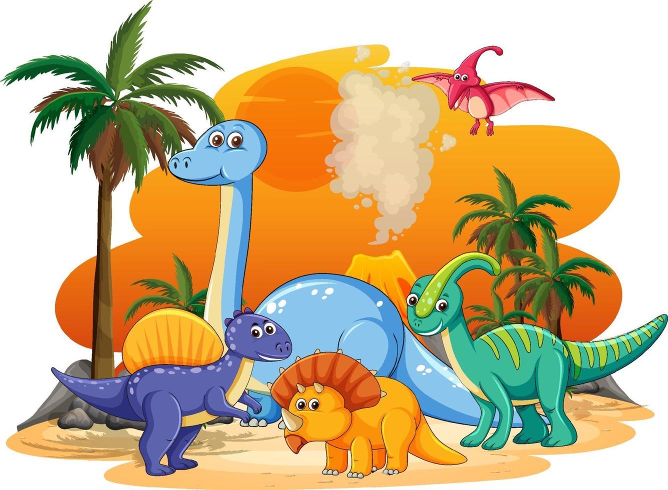 Many cute dinosaurs character in prehistoric land isolated vector