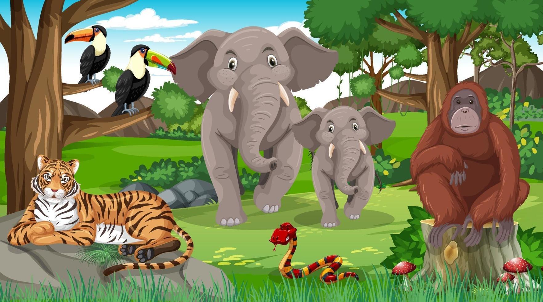 familia de elefantes con otros animales salvajes en la escena del bosque vector