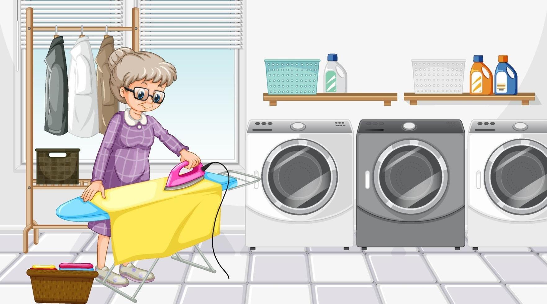 Laundry room scene with an old woman ironing her clothes vector