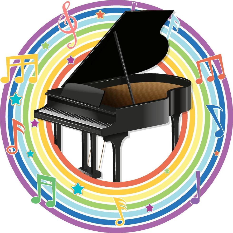 Piano in rainbow round frame with melody symbols vector