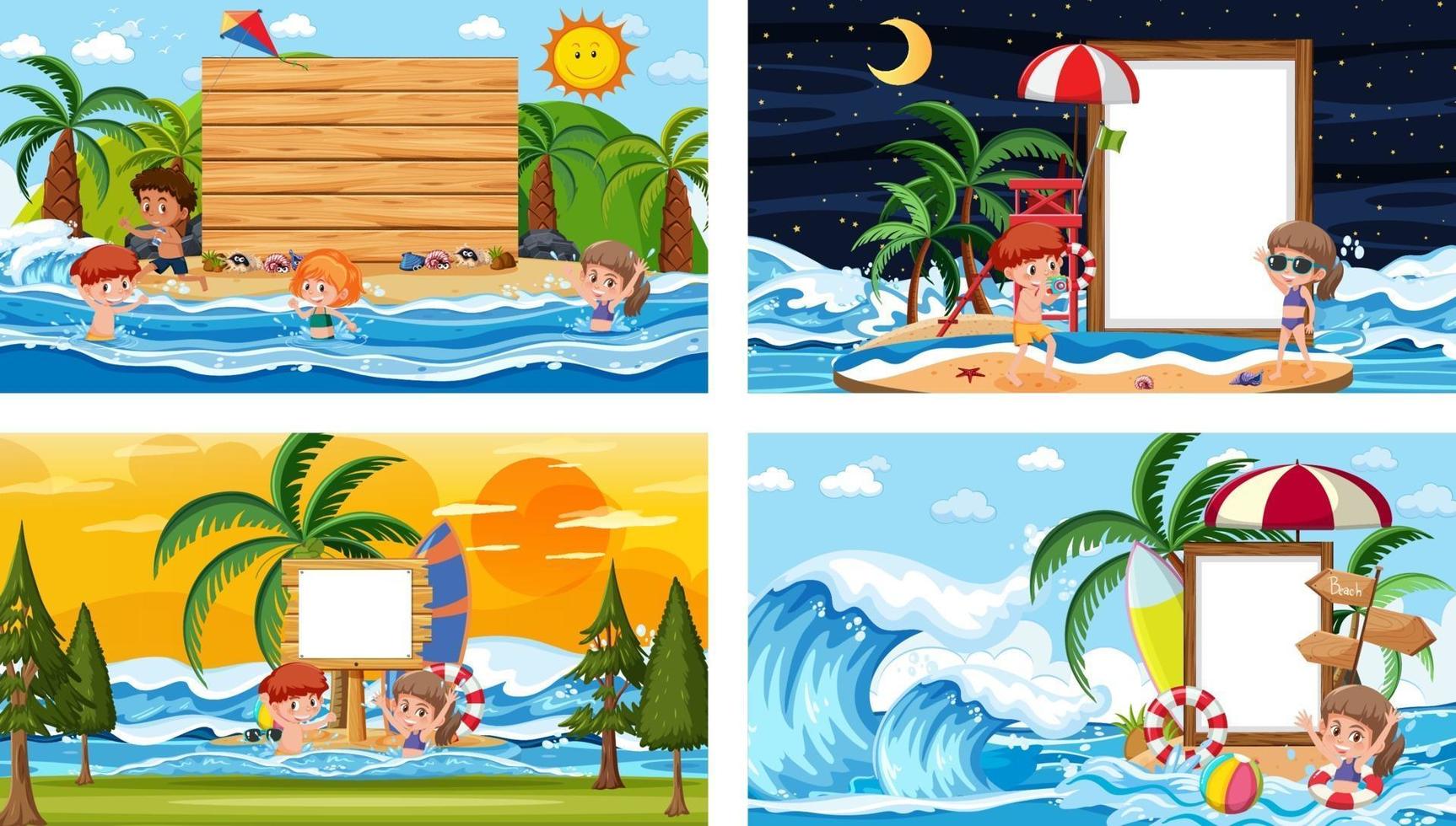 Set of different tropical beach scenes with blank banner vector