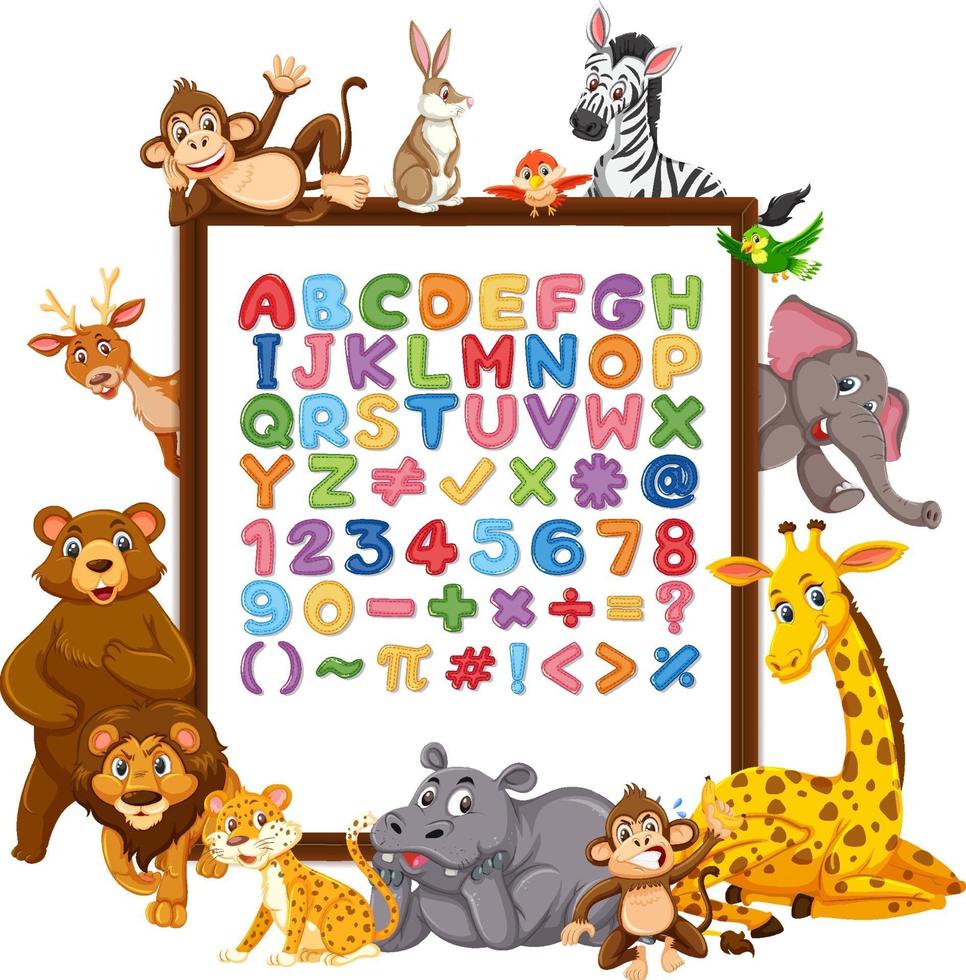 Alphabet A-Z and math symbols on a board with wild animals vector