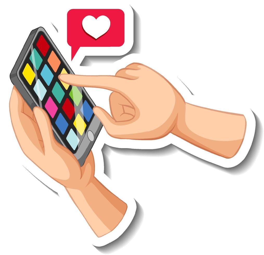 Hand holding a smartphone with heart emoji icon on white background vector