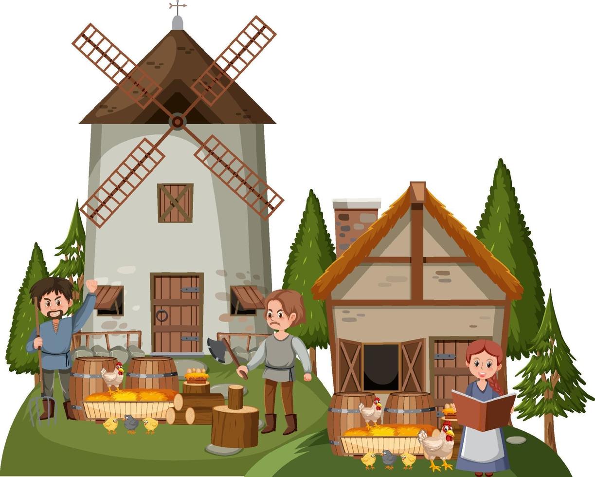 Medieval house with windmill and villagers vector