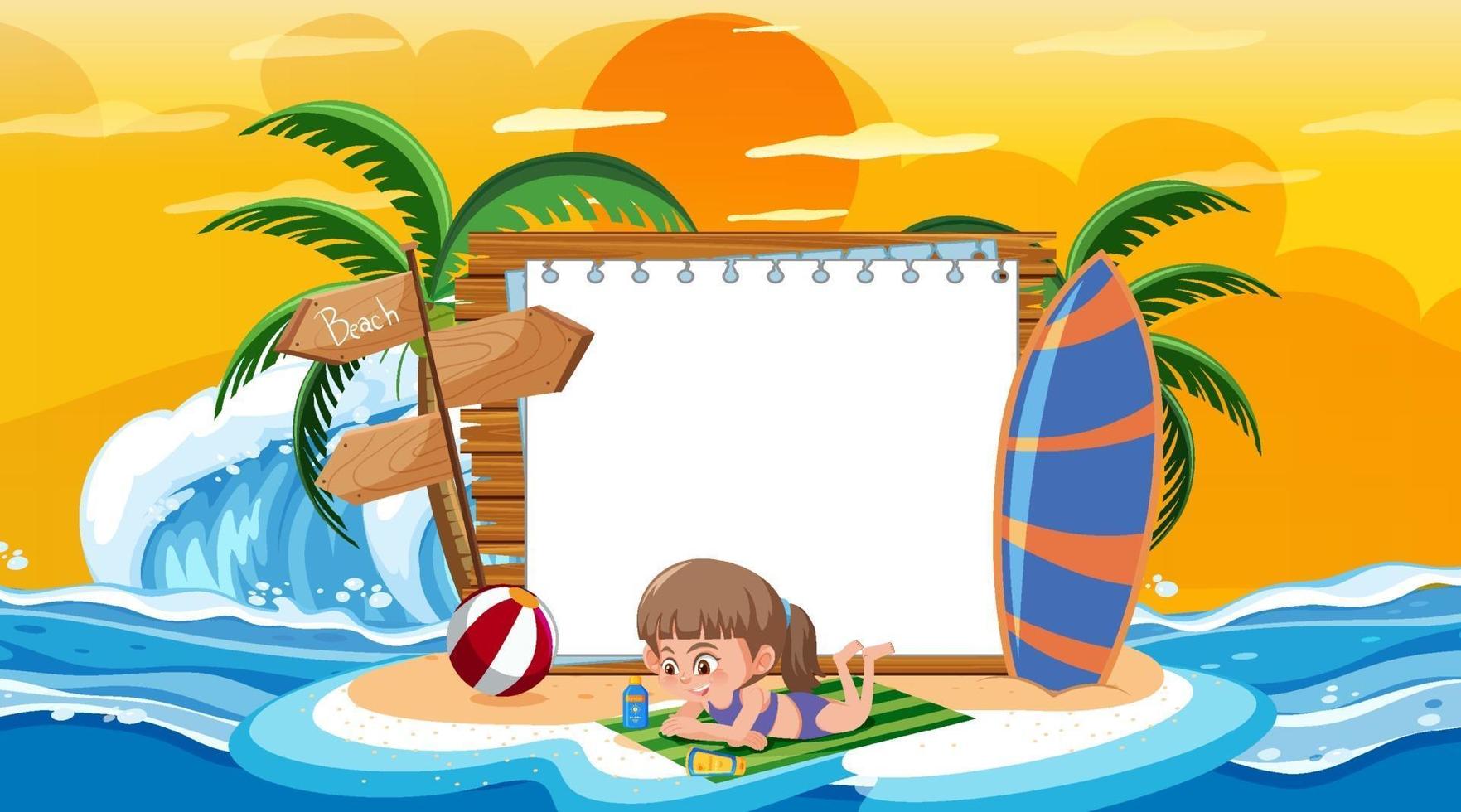 Empty banner template with kids on vacation at the beach sunset scene vector