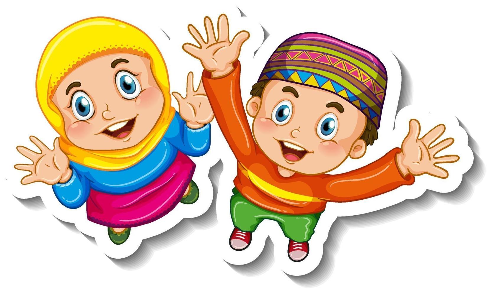 Sticker template with couple of muslim kids cartoon character isolated vector