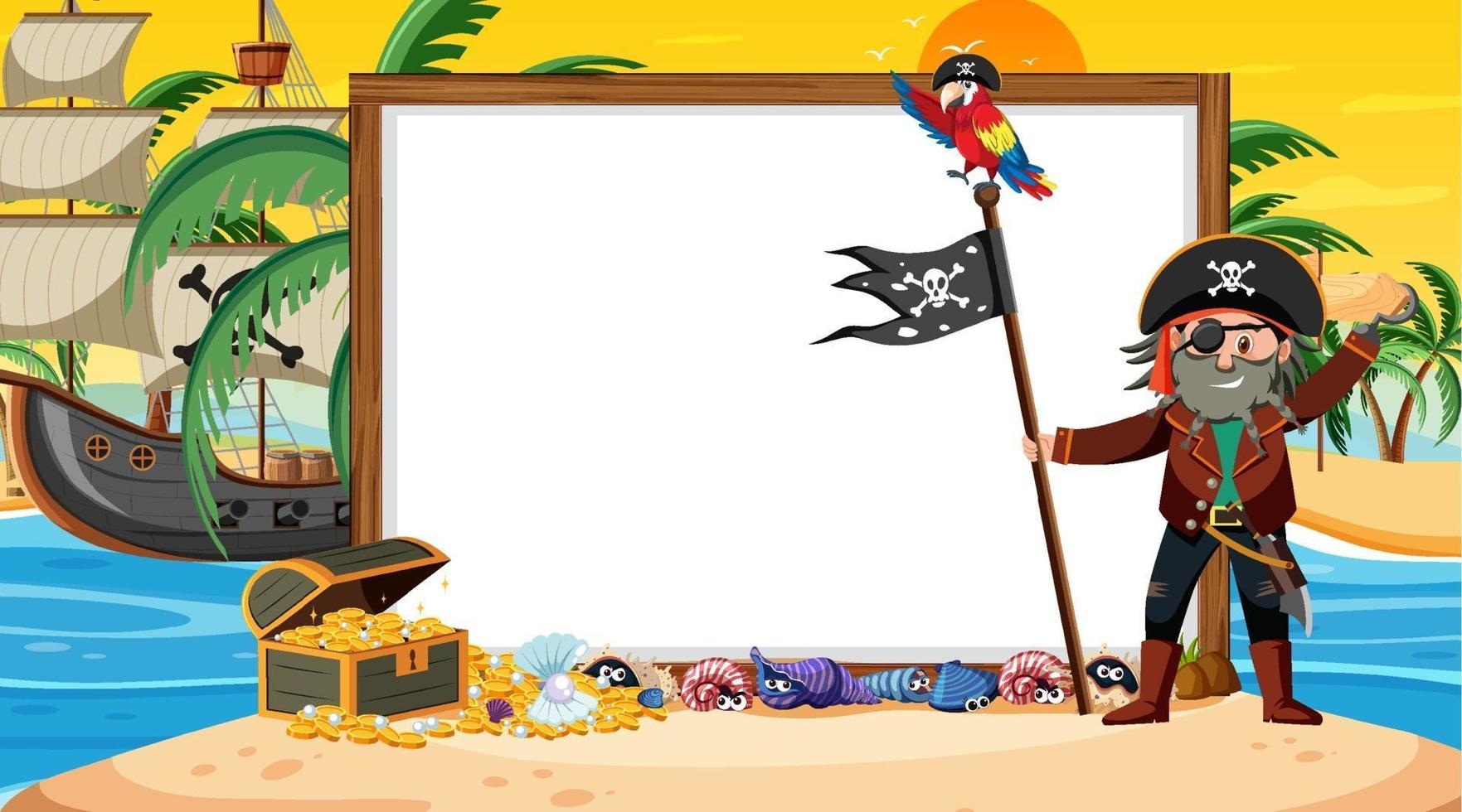 Plantilla de banner vacío con capitán pirata en la escena del atardecer en la playa vector