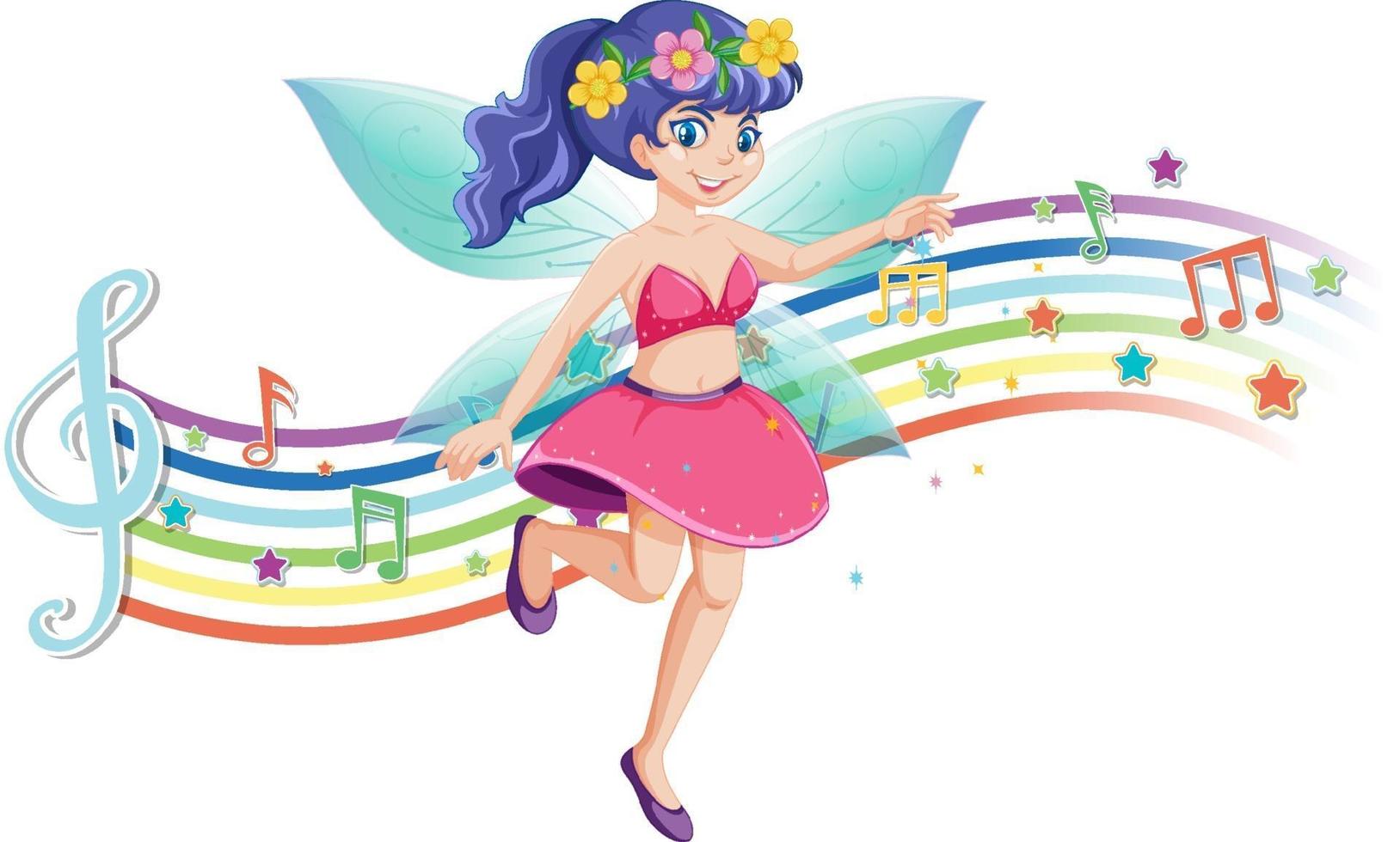 lindo personaje de dibujos animados de hadas con melodía arcoiris vector