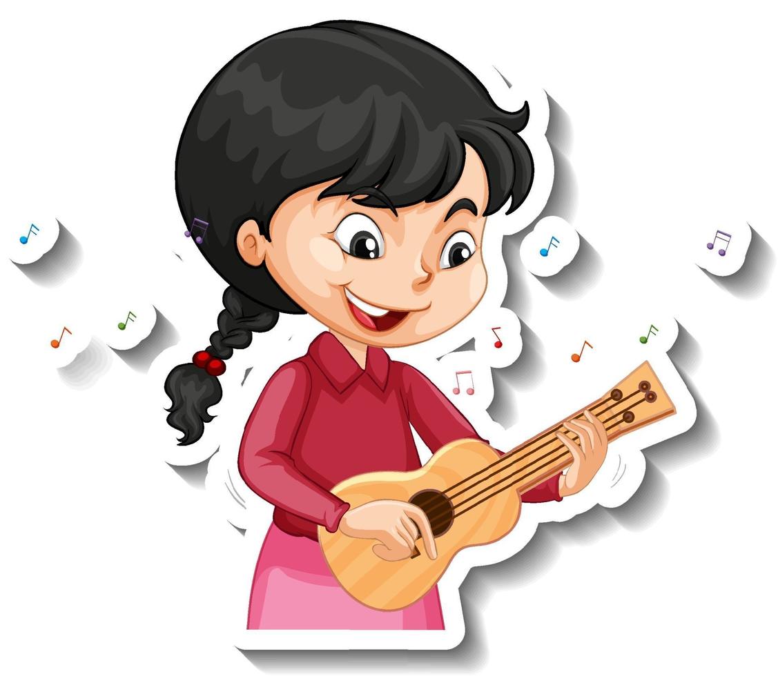 pegatina de personaje de dibujos animados con una niña tocando el ukelele vector