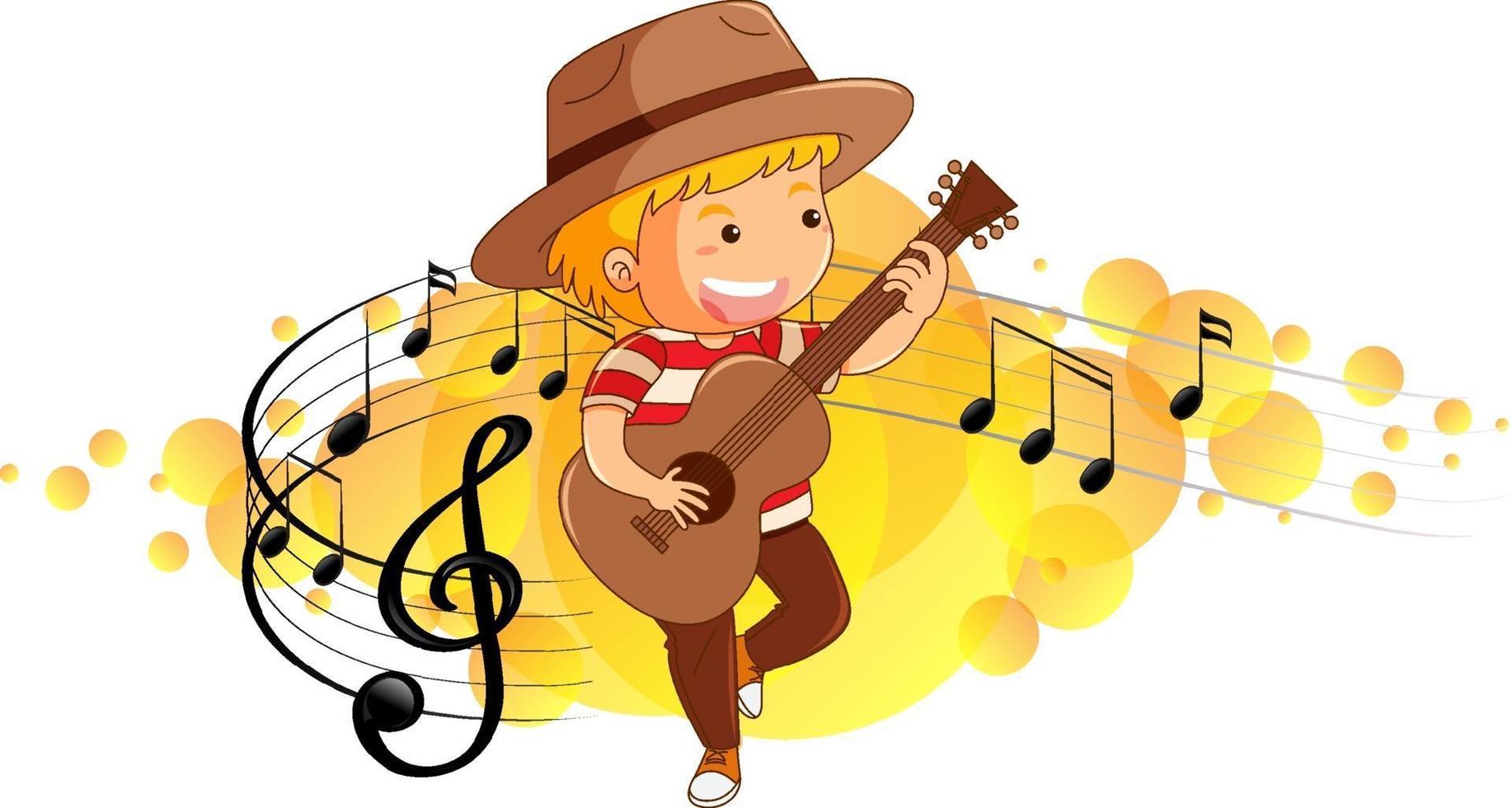 Cartoon character of a boy playing guitar on melody symbols background vector