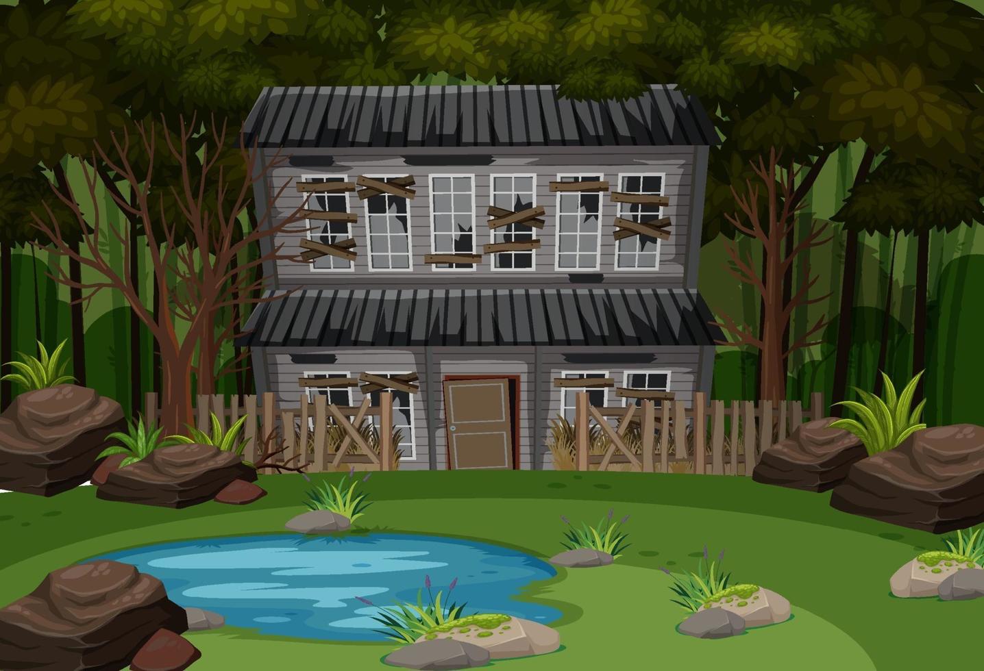 Scene with abandoned house in the dark forest vector