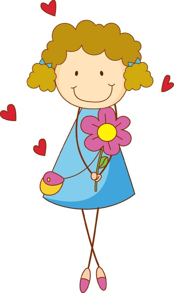 A doodle kid holding flower cartoon character isolated vector