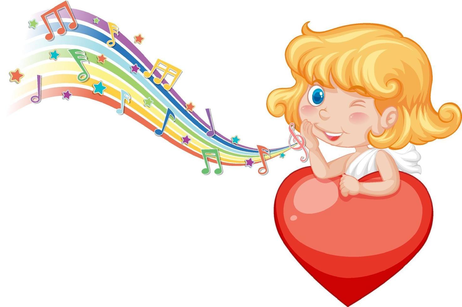 Cupid angel character with melody symbols on rainbow vector