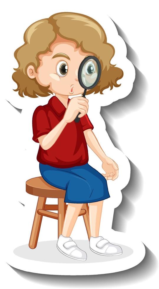 A girl using magnifying glass cartoon character sticker vector