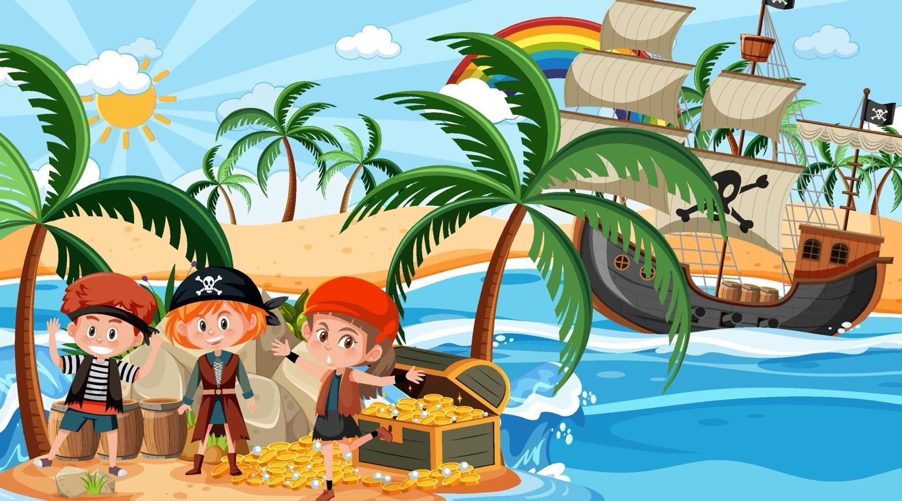 escena de la isla del tesoro durante el día con niños piratas vector